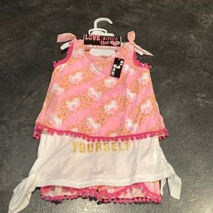 Girls pink white unicorn 3 piece set of t-shirt, Tank and shorts size 3T - NWT